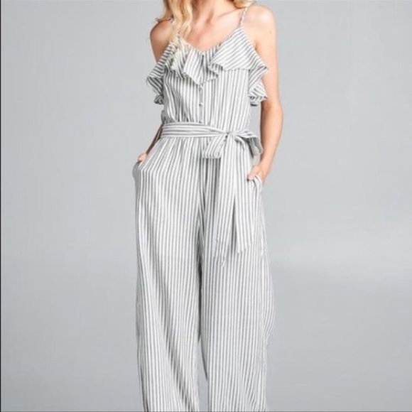 COTTON BLEU “THE FLORENCE” JUMPSUIT IN GREY/WHITE STRIPES SIZE MEDIUM NWT - Picture 2 of 16